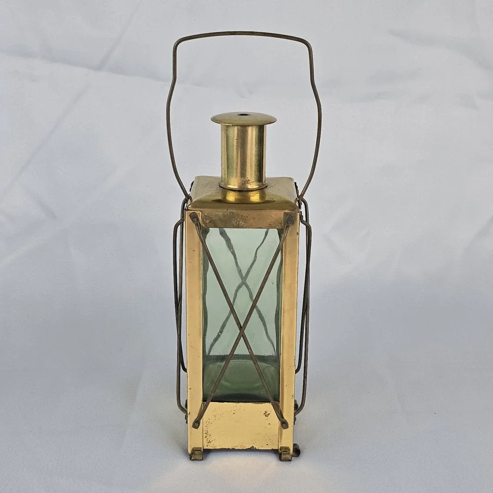 Vtg Brass & Green Glass Sweden Handarbete Wind Up Music Box Lantern Decanter